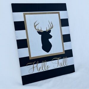 “Hello Fall” Wood Deer w/ Antlers Wall Decor - black, white, & gold color scheme